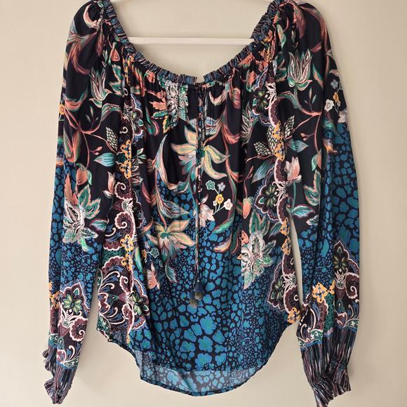 Hale Bob Silk‎ Blend Off The Shoulder Floral Top Tassel Tie Long Sleeve Size L - Picture 10 of 10